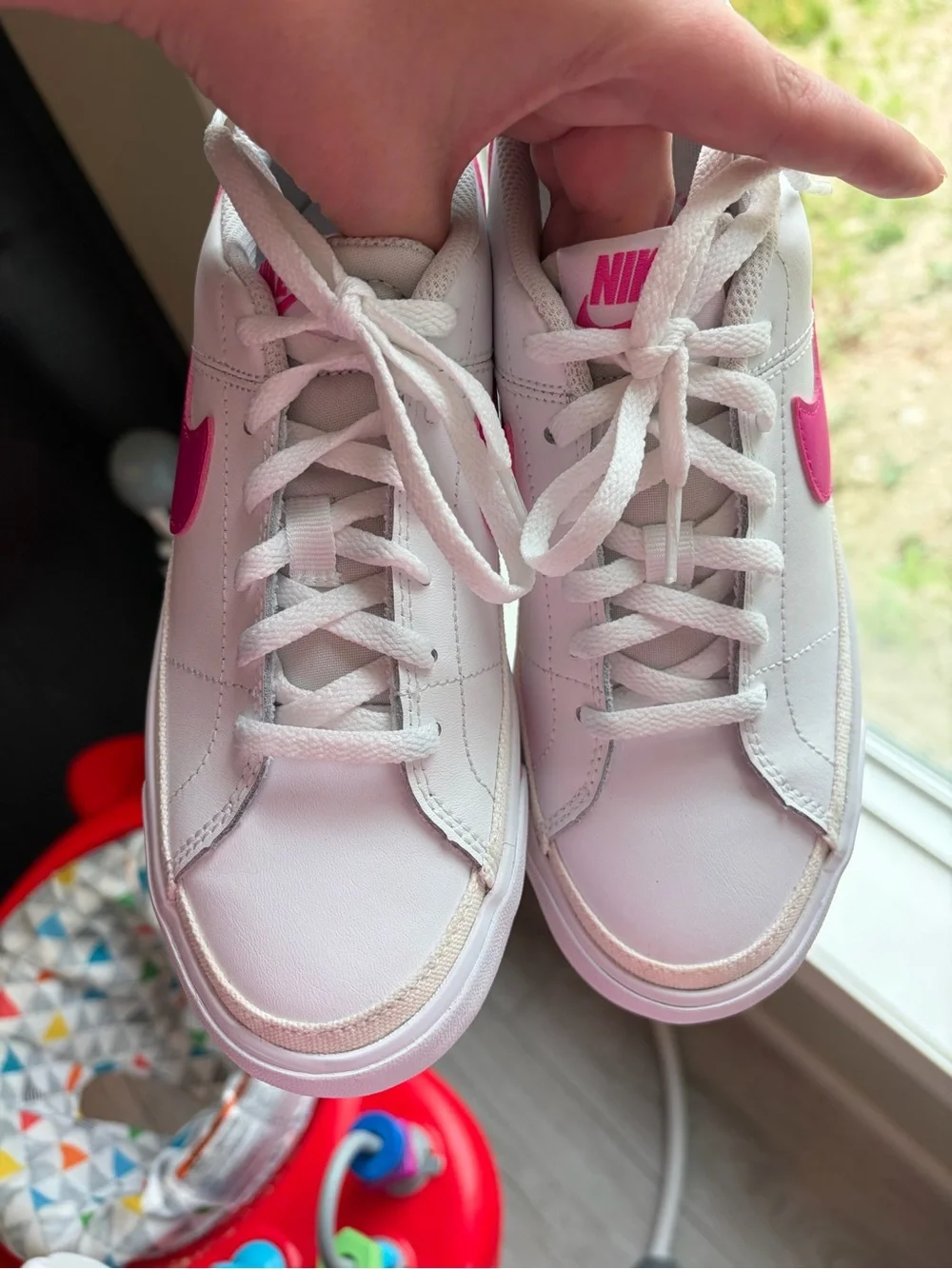 Nike White Sneakers with Pink Swoosh and Accent Stripe